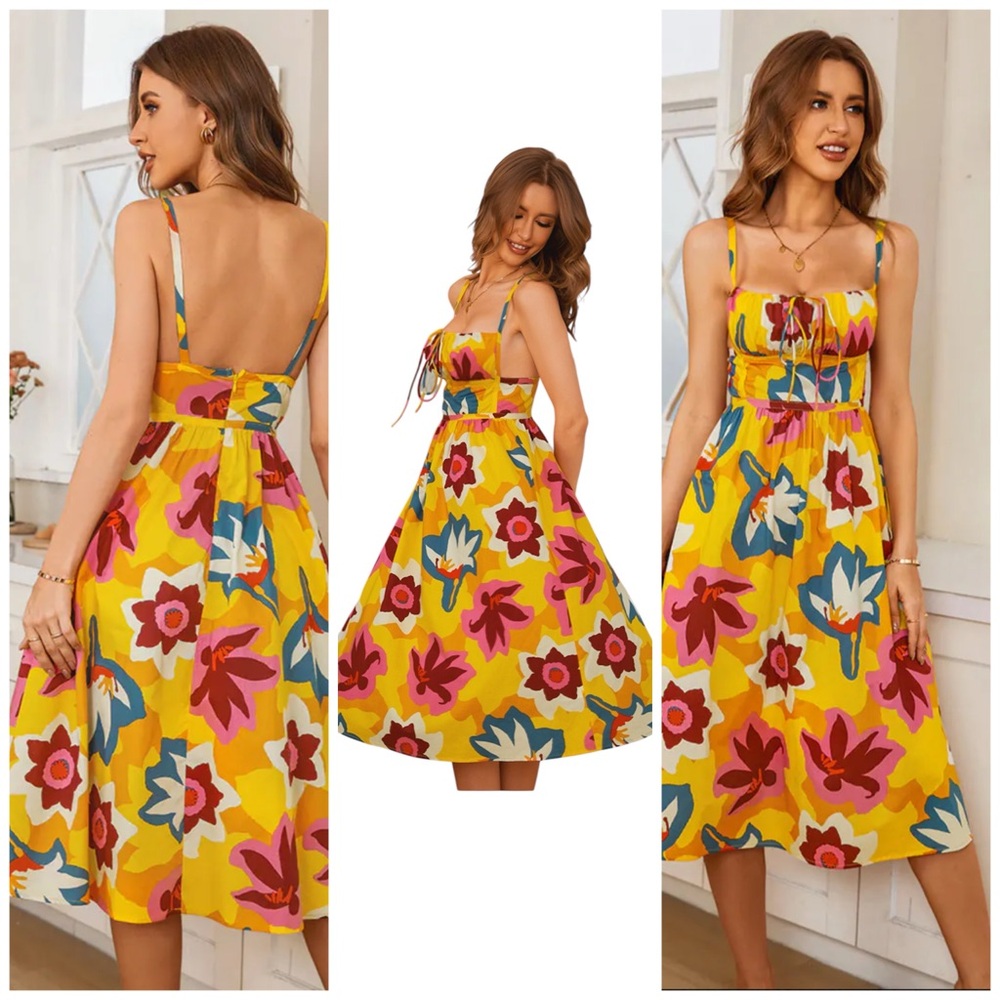 Cupshe Cassia Square Neck Backless Ruching Slip Dress Floral Summer Cotton SZ M